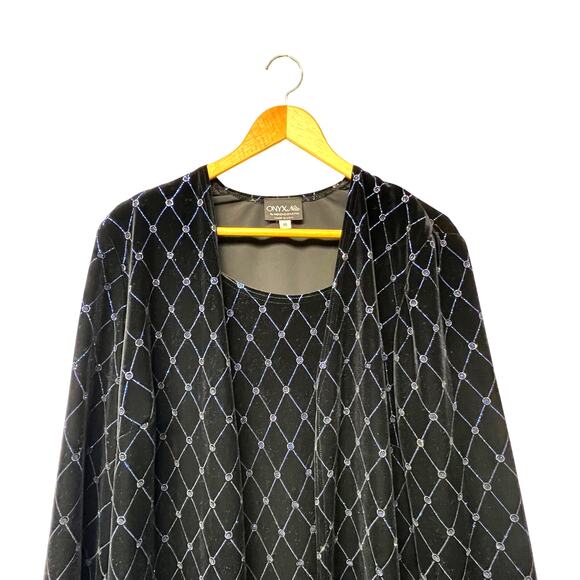 Vintage Onyx 2 Piece Dress Open Blazer Black Velvet Rhinestone Metallic Size 16 - Picture 4 of 10